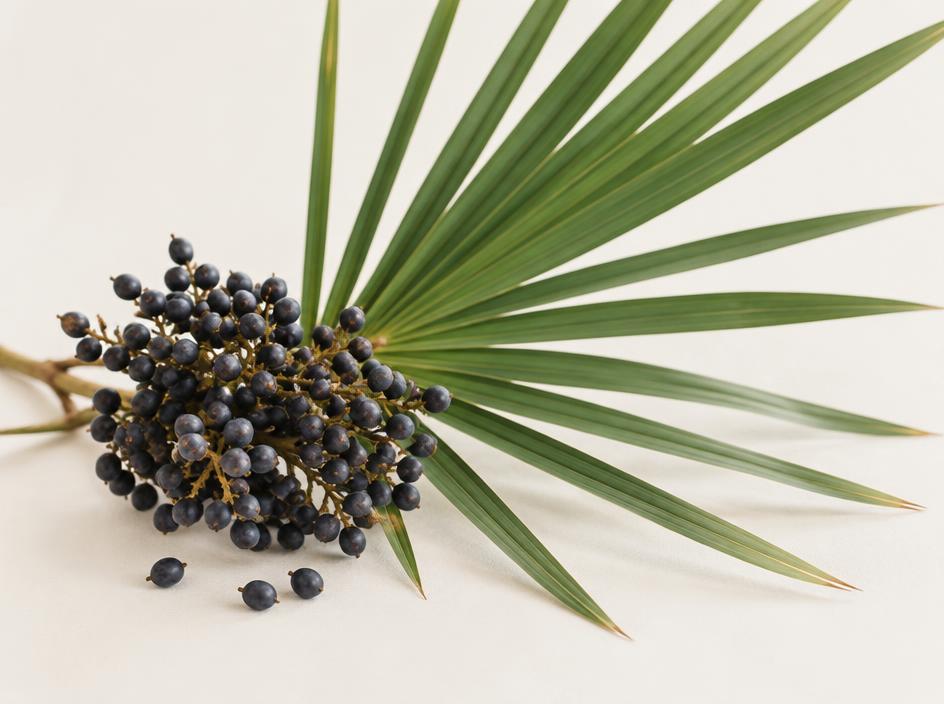 სერენოას (Saw Palmetto) მუქი კენკრა პალმის ფოთოლთან